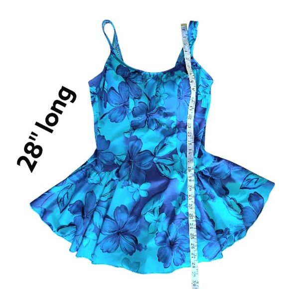 Vintage Turquoise Blue Floral One Piece Mod Swimdress Size 16 *Fits like Large - Picture 11 of 13